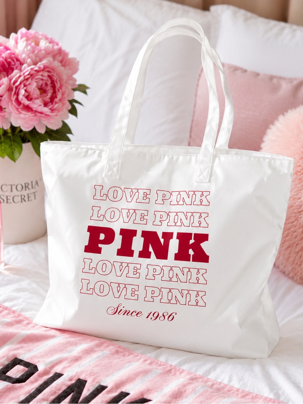 Victoria's Secret White Tote with Pink Logo Block Text